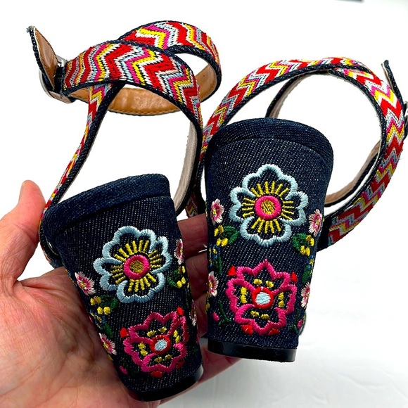Indigo Rd Embroidered Floral Blue Denim Heels Irbadie Open Toe Size 7.5M Boho - Picture 5 of 17
